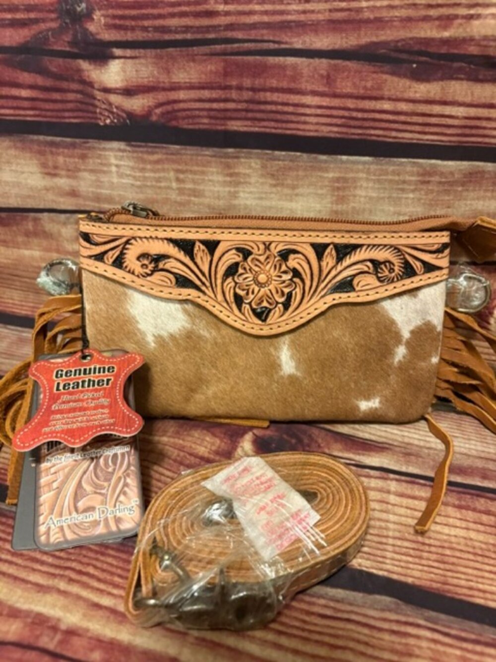 American Darling Hair-on-hide Tooled Leather Crossbody Clutch Western Purse NWT